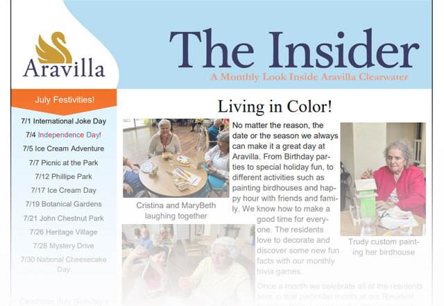 Memory Care Aravilla Clearwater July 2022 Newsletter