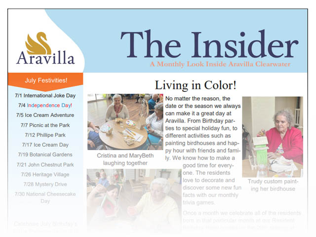 Memory Care Aravilla Clearwater July 2022 Newsletter